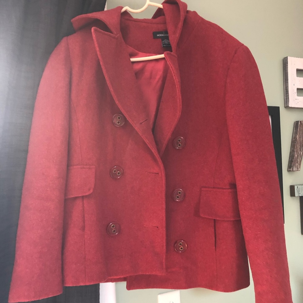 Moda International hooded red pea coat- size L/M - Picture 2 of 4